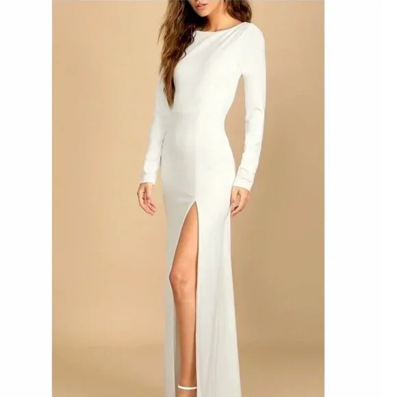 Lulus Romantic White Lace Trim Back Long Sleeve Bridal Wedding Dress Small NWOT - Picture 6 of 8